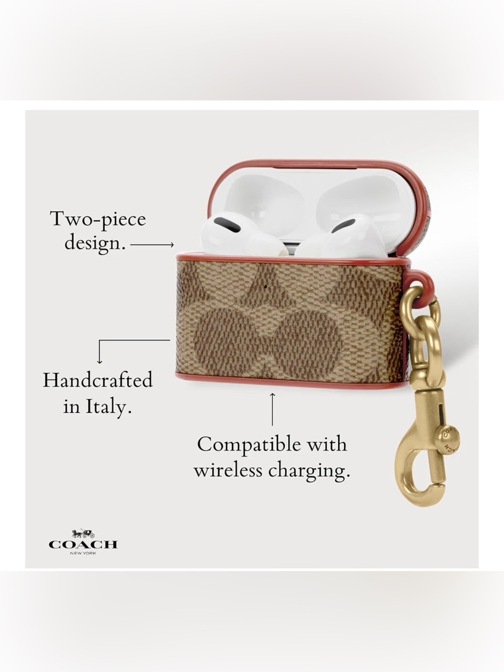 Coach Signature Canvas AirPods Case in Khaki with Pink Trim and Gold Clip